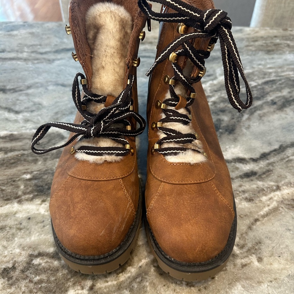Style & Co Morggan Women’s Lace Up Camel Combat Booties Faux Fur